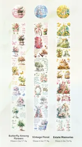 Close-up of floral washi tape with watercolor flowers and vintage bicycle designs