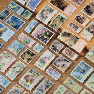 Vintage stamp stickers with laser gold foil floral and anime designs for journaling