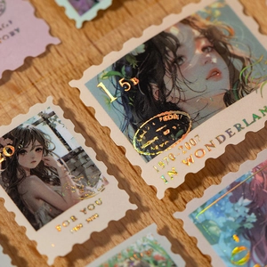 Vintage stamp-style stickers with gold foil character portraits and scalloped edges