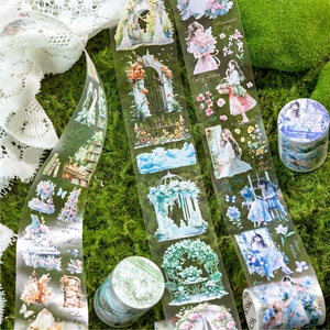 Garden theme PET masking tape set featuring floral girl illustrations and moss background