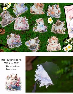Détails des autocollants PET série forêt animale avec chats dessinés à la main et fleurs