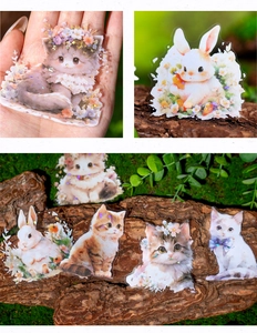 Détail d'autocollants PET à paillettes laser avec chats et lapins mignons de la forêt