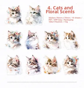 Lot de 10 autocollants en PET de chats à l'aquarelle avec motifs floraux pour journaux