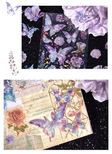 Macro detail of holographic purple butterfly stickers with iridescent shell light effects