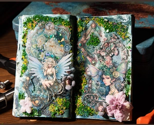 Detail showing steampunk elf PET stickers with metal gears and floral motifs on journal