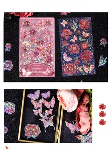 Detail of holographic laser butterfly and flower stickers with shimmering pearlescent effect