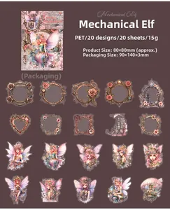 Pack de 20 pegatinas PET de elfo mecánico rosa con marcos decorativos vintage