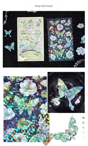 Detail of iridescent laser butterfly stickers with shell light effect for journaling