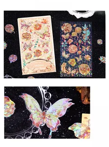 Detailed macro view of laser butterfly and floral stickers with holographic shell finish