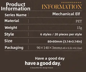 Hoja de especificaciones de pegatinas de PET Mechanical Elf con detalles de tamaño y estilo