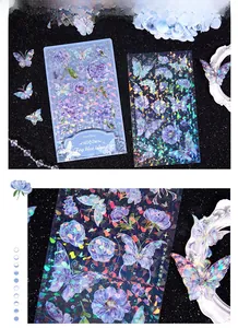 Detailed macro view of laser PET stickers featuring purple flowers and butterfly patterns