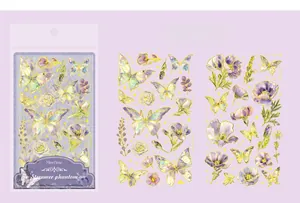 Detailed holographic butterfly and floral stickers for scrapbooking in purple and gold
