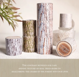 Close-up of decorative washi tape with realistic birch and old tree bark wood textures