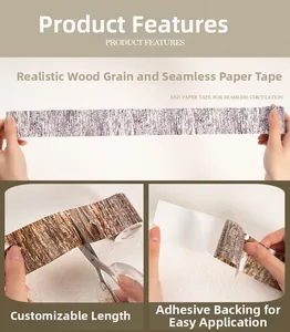 Detail of wood grain washi tape showing self-adhesive backing and seamless bark texture
