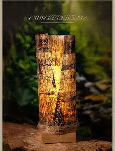 Detail view of rustic tree bark texture lamp with warm LED light and solid wood base
