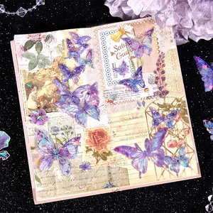 Holographic purple butterfly floral scrapbooking stickers set with vintage collage art