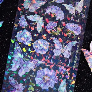 Iridescent laser PET stickers featuring purple butterflies and flowers for scrapbooking