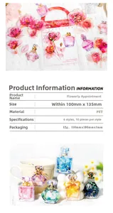 Detail of floral PET stickers with watercolor pink flowers and perfume bottle motifs