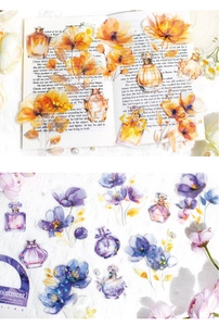 Macro detail of transparent PET floral stickers with elegant perfume bottle motifs
