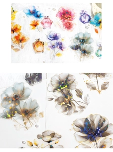 Macro shot of waterproof translucent PET stickers featuring vintage floral patterns