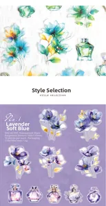 Detail of PET floral stickers from the Purple Orchid collection with perfume bottle designs
