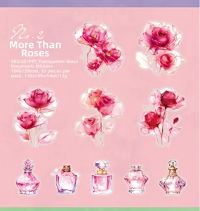 Floral PET stickers with transparent laser finish and rose motifs for scrapbooking
