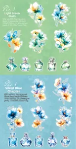 Detail of PET floral stickers showing glass shattered foil and botanical motifs