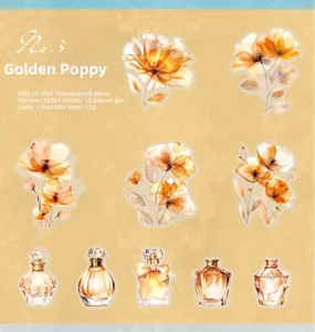 Detailed view of floral PET stickers with vintage perfume bottles and gold foil accents
