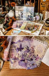 Detailed view of vintage oil painting scrapbooking paper with lace edges and floral motifs