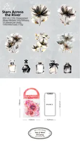 Detailed PET floral stickers with holographic glass foiling and size reference guide