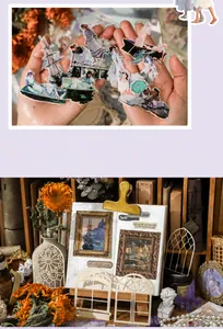 Close-up of vintage oil painting stickers for scrapbooking with classic art motifs