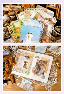 Macro detail of vintage oil painting style scrapbooking paper with laser cut lace edges