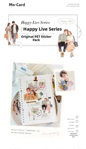 Close-up of Happy Live Series PET stickers showing romantic couple scenes in a journal