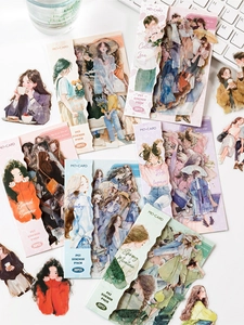 Waterproof PET stickers with watercolor girl illustrations for journals and decoration