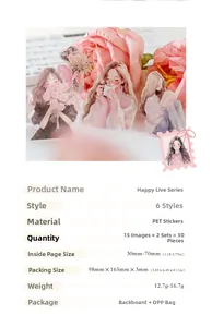 Detail of PET girl character stickers showing material texture and packaging specifications