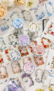 Detailed view of six vintage floral window PET tapes for scrapbooking and decoration