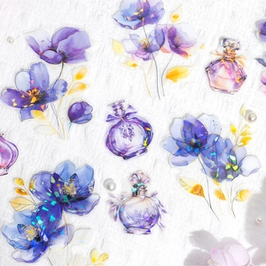 Elegant purple PET floral stickers and perfume bottles with holographic gold details