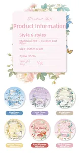 Detail specifications of 6 vintage PET floral window tapes for journal decoration