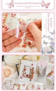 Detailed macro view of vintage PET decorative tape with floral and butterfly patterns