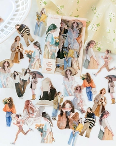 Detail of 30pcs PET stickers featuring watercolor girls in urban leisure outfits