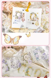 Detail of vintage floral PET tape with frame and butterfly illustrations for scrapbooking