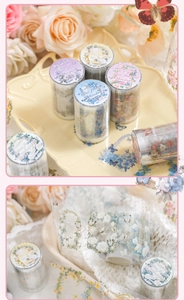 Detailed close-up of vintage flower window PET tape with gold foil butterfly motifs