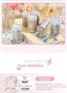 Detail of PET floral window tape with rose patterns and 65mm x 2m size specifications