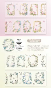 Detail of vintage PET decorative tape featuring floral window patterns and roses