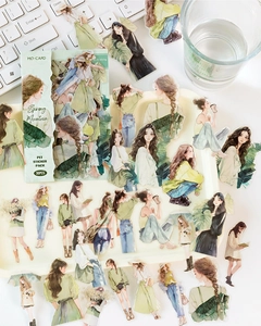 Macro shot of 30pcs fashion character PET stickers for journaling with vibrant illustrations