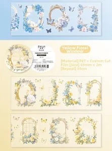 Detailed PET decorative tape featuring vintage blue and yellow flower window designs