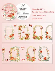 Detailed PET decorative tape featuring vintage red window frames and floral motifs