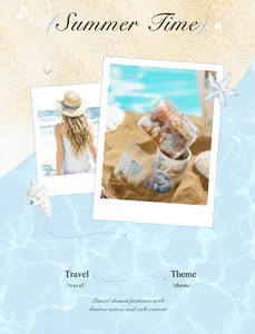 Detail of travel themed PET tape with beach and whale illustrations for scrapbooking