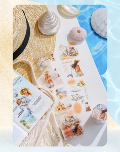 Detail of Summer Beach PET tape featuring hand-drawn seaside vacation elements and motifs