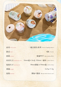 Detail view of travel-themed matte PET decorative tape with beach background and shell props